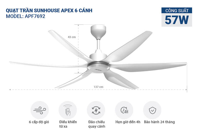 Quạt trần Sunhouse Apex 6 cánh APF7692 với nhiều tính năng nổi bật