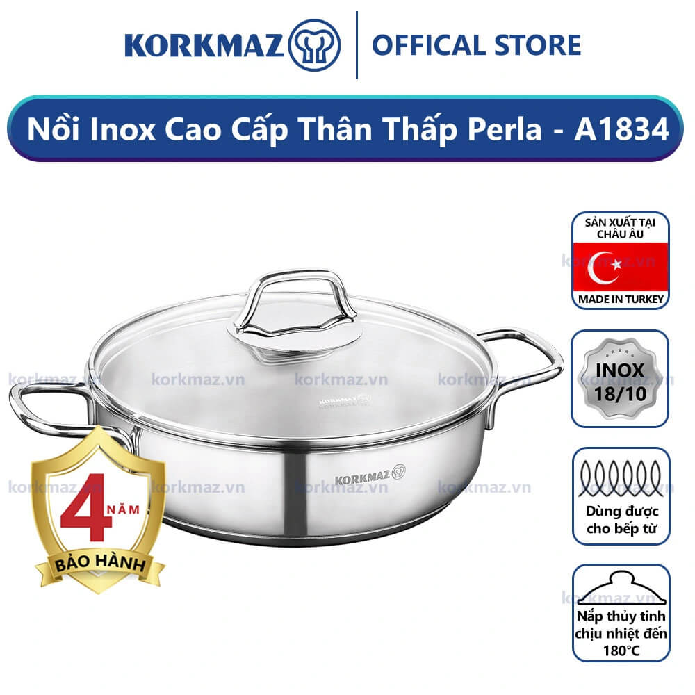 Nồi lẩu inox cao cấp thân thấp Korkmaz Perla KOINA1834 3.6 lít