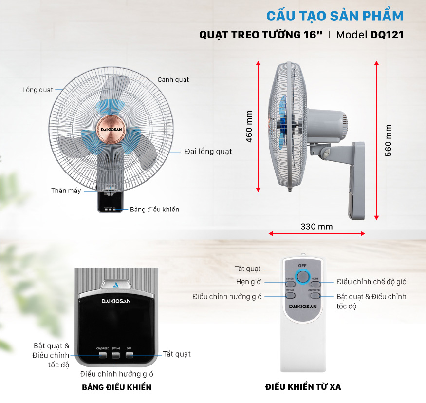 Quạt treo tường lifestyle điều khiển từ xa Daikiosan DQ121 tính năng và thông số