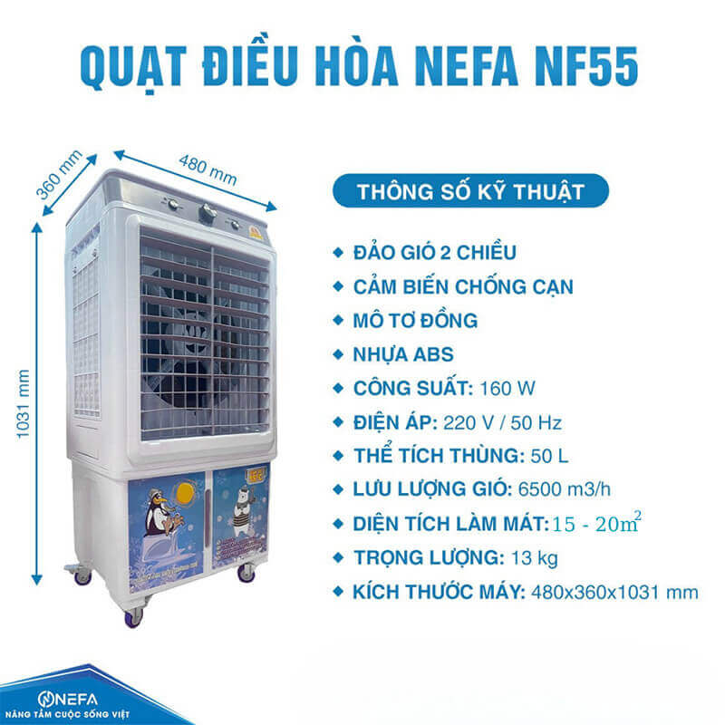Thông số kỹ thuật của NEFA NF55 – Quạt điều hòa dòng cơ 160W tốt rẻ