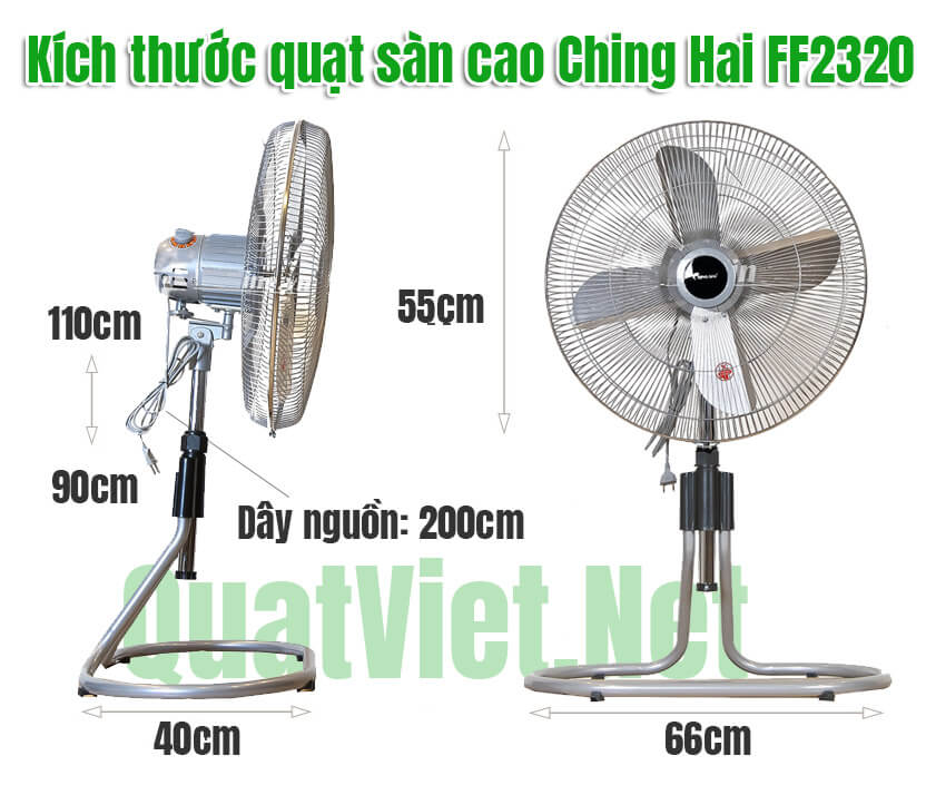 Kích thước của quạt sàn rút cao Ching Hai FF2399