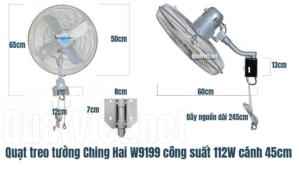 Kích thước tổng thể của quạt Treo Tường ChingHai W9199