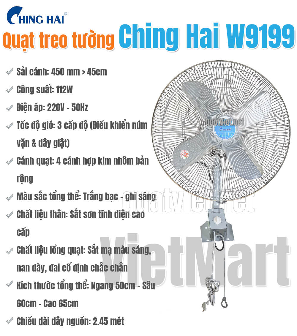 Thông số kỹ thuật của quạt Treo Tường ChingHai W9199